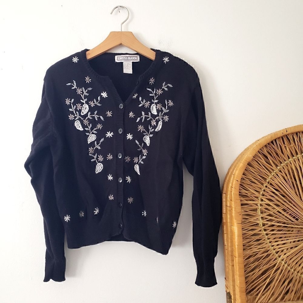 Vintage Dressbarn Embroidered Knit Cardigan Sweater M Black Floral